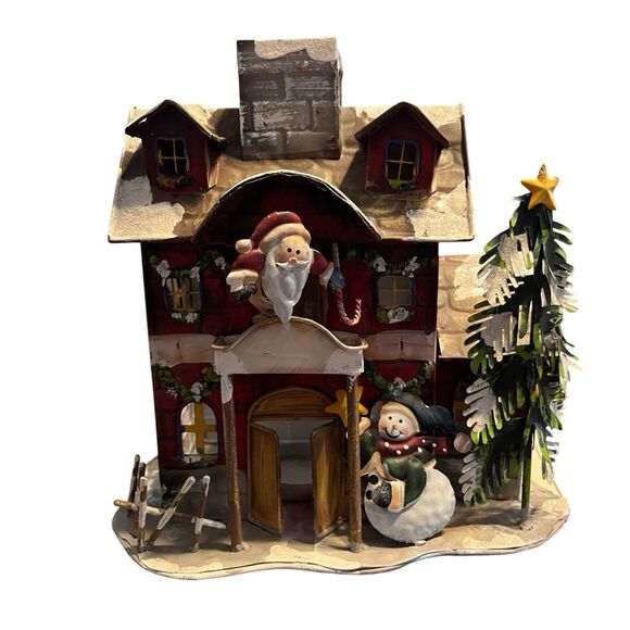Metal Christmas House Lantern Santa Snowman Holiday Village Tealught Holder GUC - Picture 1 of 16